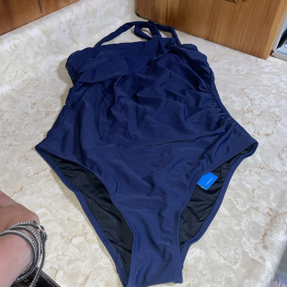 Navy Blue Asymmetric Straps Full Piece Bathing Suit - Tie Back, Fully Lined